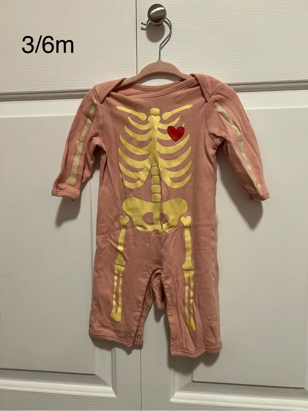 Old Navy Pink Baby Skeleton Romper with Yellow Bones and Red Heart